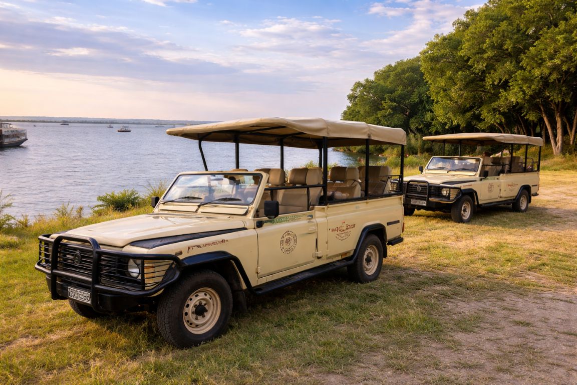 Chobe National Park game drive vehicles by the riverbank on a wildlife safari operated by Chobe Tours