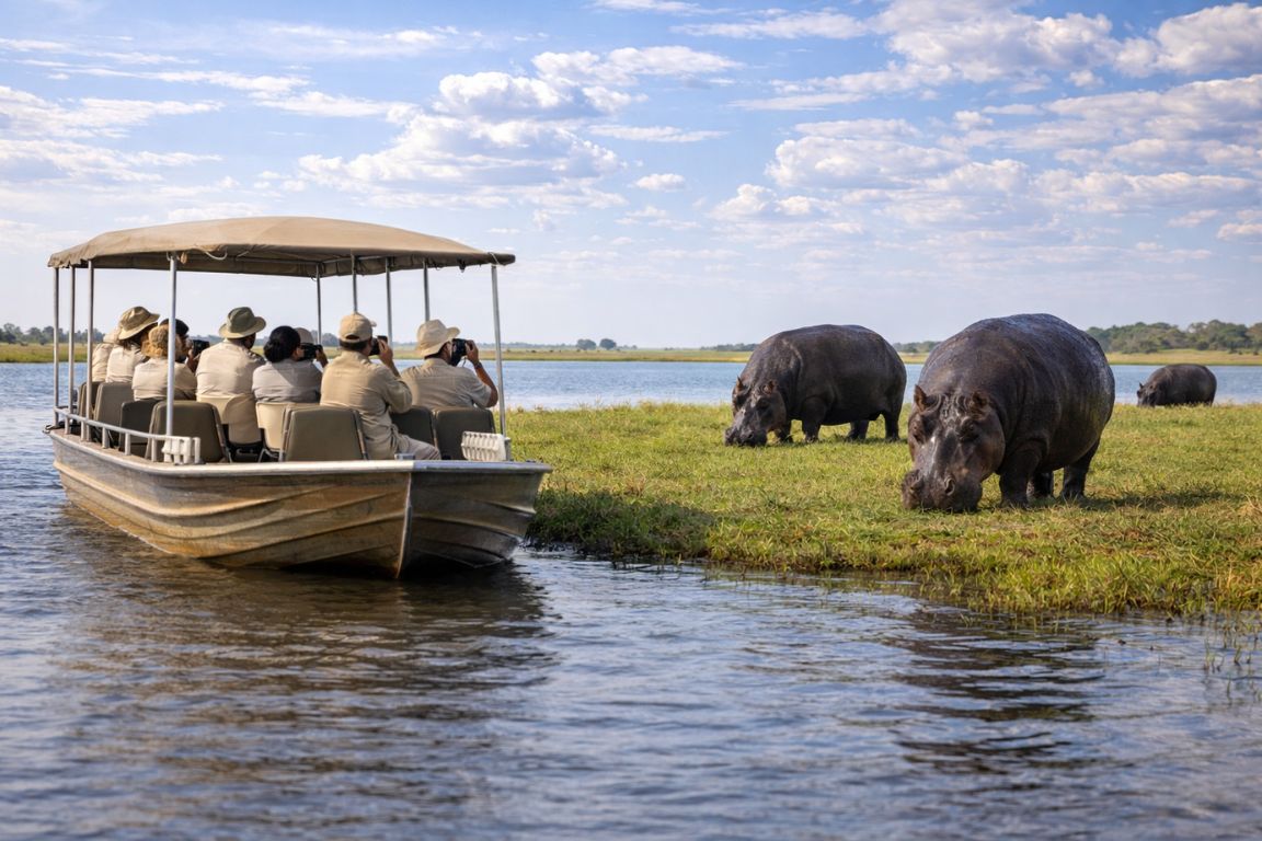 Chobe Tours safari boat experience in Chobe National Park, watching hippos feeding near the river during a guided river cruise